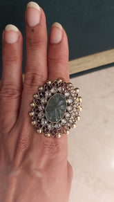 Green Carved Stone Kundan Statement Ring in 925 Sterling Silver